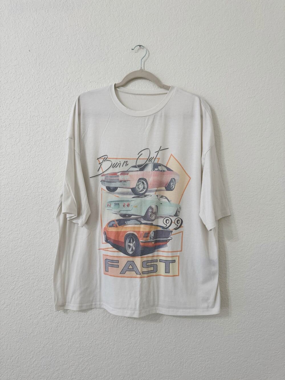 Vintage Style Burn Out '99 Fast Muscle Car Graphic Tee White Oversized T-Shirt